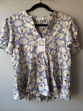 THML Cream Short-Sleeve Floral Shirt with Blue and Burgundy Accents